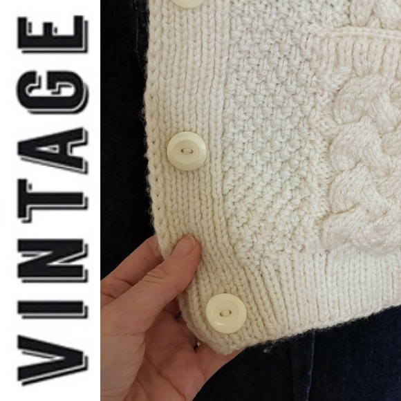 Hand knit Fishermen cable knit cream button-down cardigan chunky sweater - Picture 8 of 16